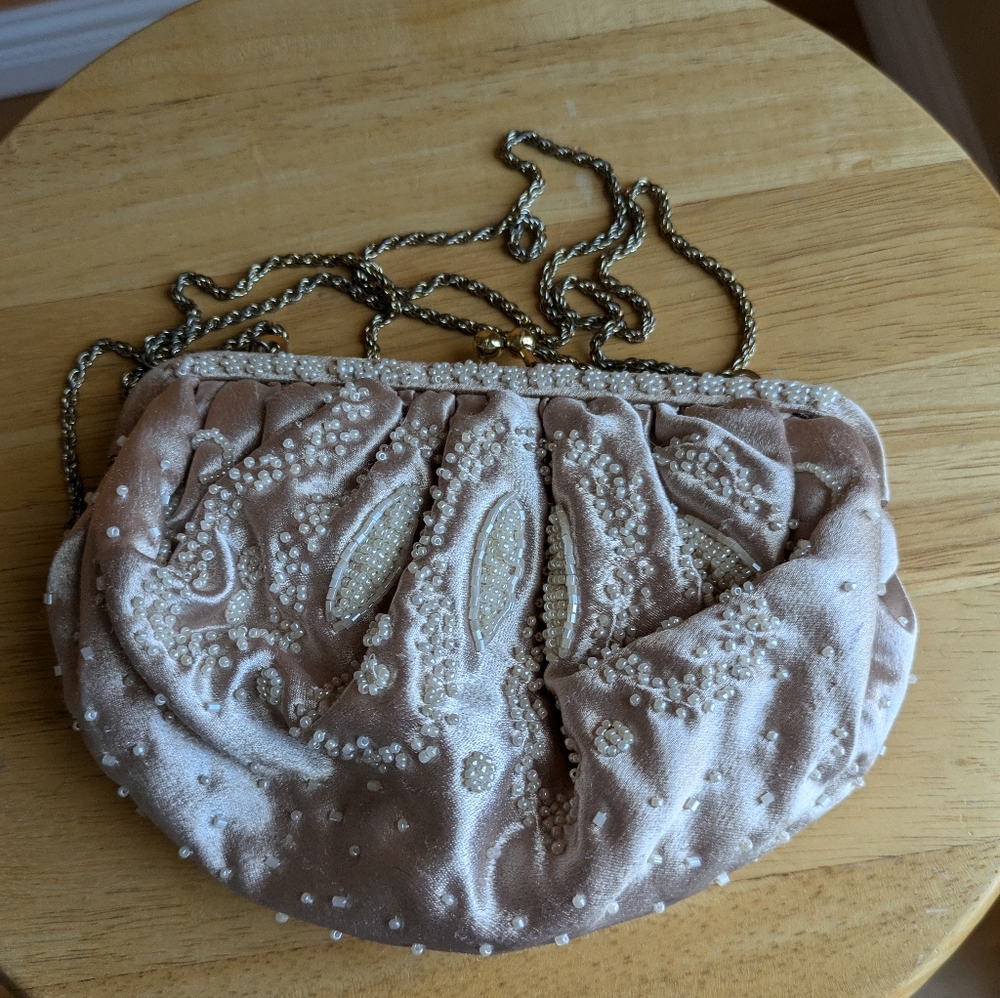 Vintage Beaded Bag Purse Beige La Regale Chain Shoulder Strap